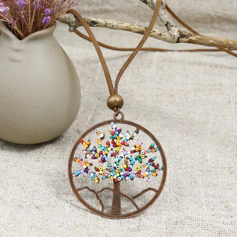 GemChic Women's New Vintage Round Hollow Geometric Tree Beads Pendant Long Necklace Ethnic Fashion Birthday Christmas Jewelry Gift