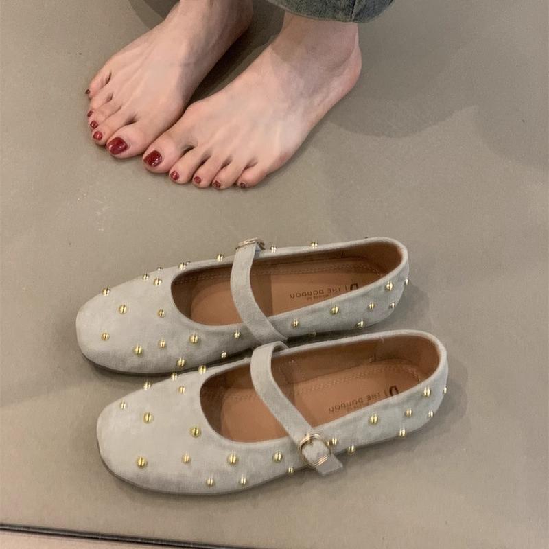 Mary Jane Shoes for Women Rivet Suede Classic Retro Brown Casual Soft Bottom Comfortable Ladies Flats Rhinestone Luxury Flats