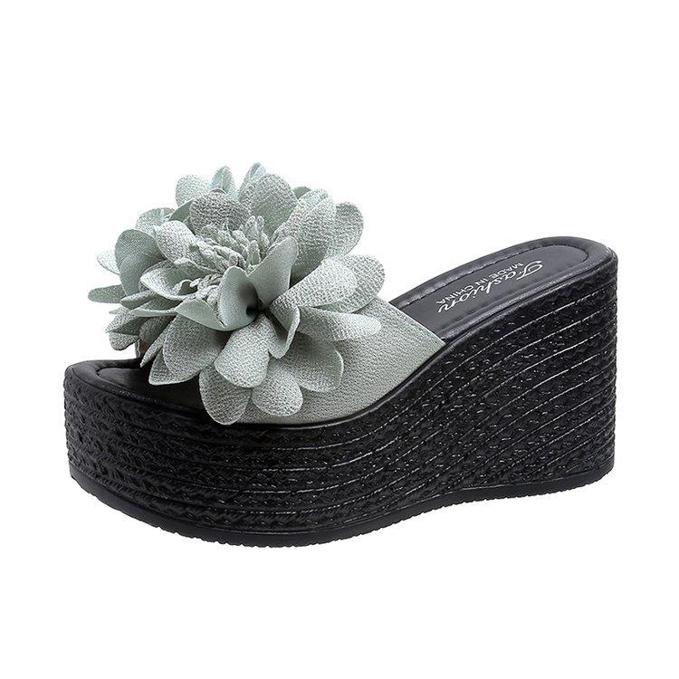 New European and American one-word muffin slippers wedge heel thick bottom large size high heel cool slippers