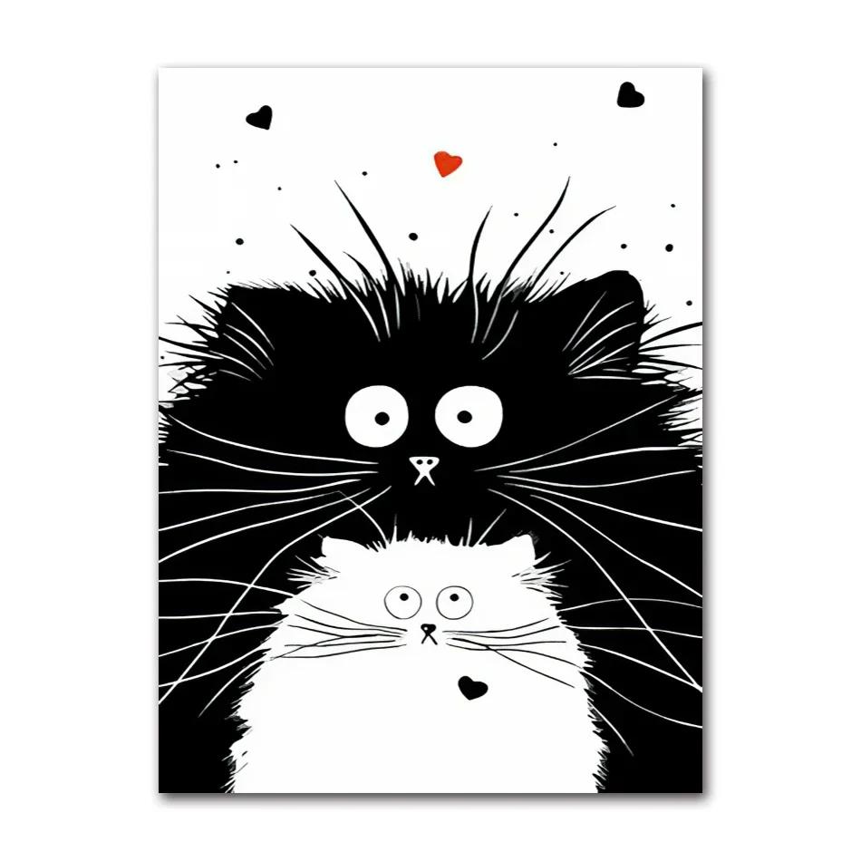 Schattige Zwart-Witte Kat Cartoon Dieren Minimalistische Muurkunst Print Canvas Schilderij Posters voor Woonkamer Moderne Huisdecoratie
