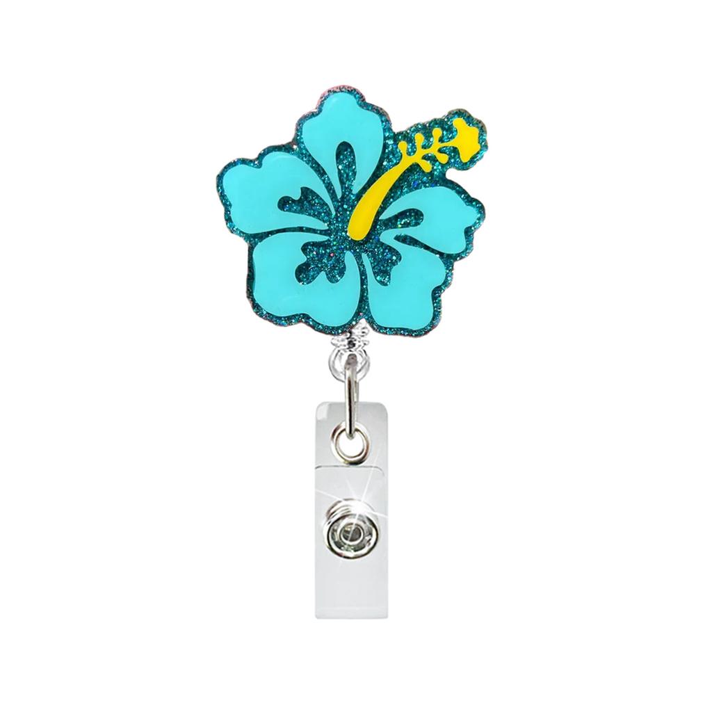 Glitter Hibiscus Badge Reel Retractable ID Holder Acrylic Alligator Clip Healthcare Worker Nurse Office Trade Show Gift Supplies