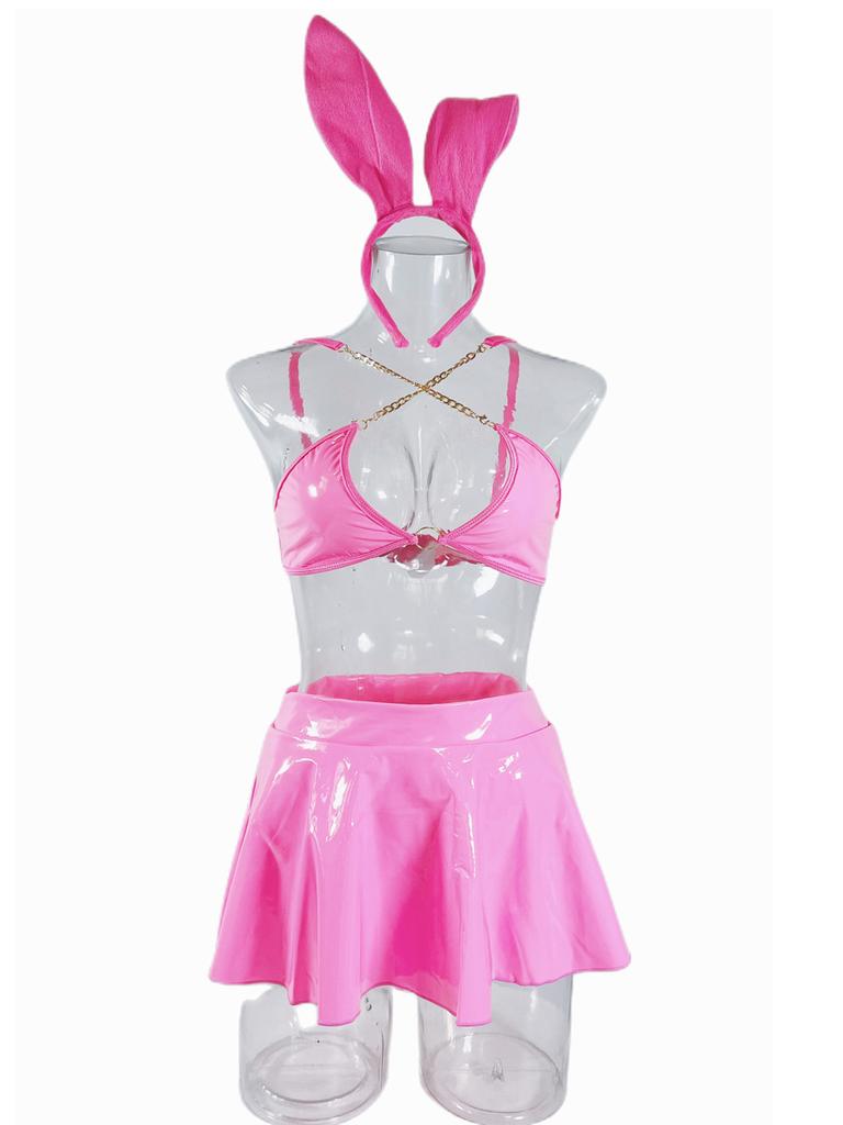 Women's Rave Outfit Set Sexy Metallic Latex Shiny Chain Top PU Leather Mini Skirt Thong Music Festival Bunny Costume 4-Piece Cat