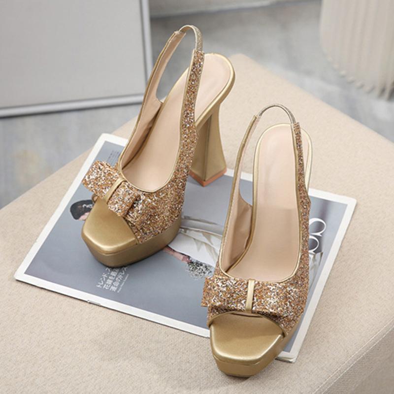 Liyke Runway Style Glitter Sequined Bowknot Women Pumps Sexy Peep Toe Back Strap Gold Sandals Platform Heels Wedding Prom Shoes