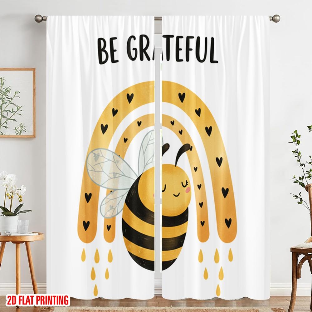 2pcs 2D Flat Printing Window Curtains Cute Bee Rainbow Gratitude Polyester Without Electricity Holiday Decorations Perfect for