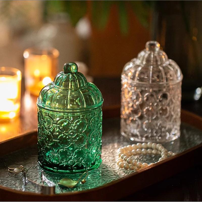 Clear Glass Candy Box Creative Jewelry Cosmetic Jewelry Candle Jar Home Embossed Snack Nuts Storage Jar Kitchen Food Container
