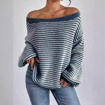 Fashion One-word Neck Striped Off-the-shoulder Knitted Women Sweater Autumn and Winter Pullover Loose Simple Office Sweaters Casual Long Sleeve Tops