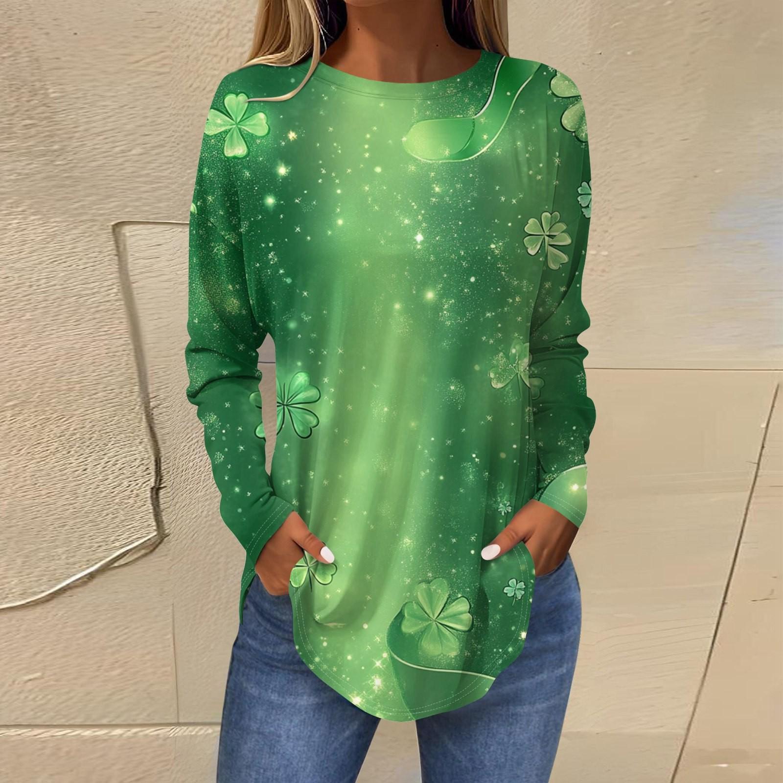 

Женская модная свободная футболка с круглым вырезом и длинным рукавом с принтом S зелёный