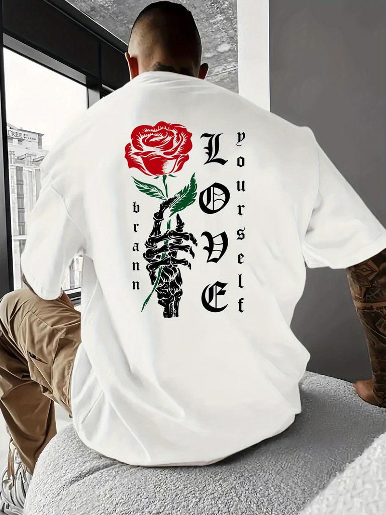 Unisex O Neck Tee Skeleton Hand Red Rose Back Print Cotton Short Sleeve Loose Summer Street Breathable Daily Casual Basic Wear Top