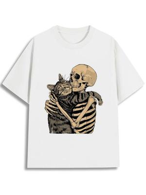 Skeleton Hugging Cat Graphic Unisex T-Shirt