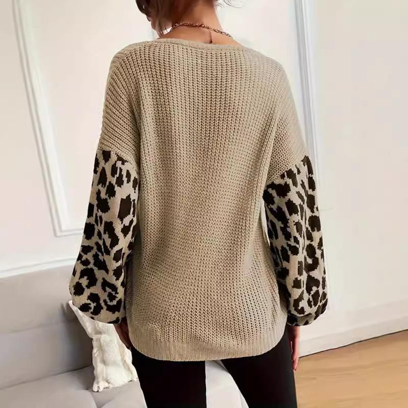 Harajuku Leopard Printing Stitching V-neck Sweater Autumn Winter Casual Loose Knitted Sweaters Tops for Women Bottoming Pullover
