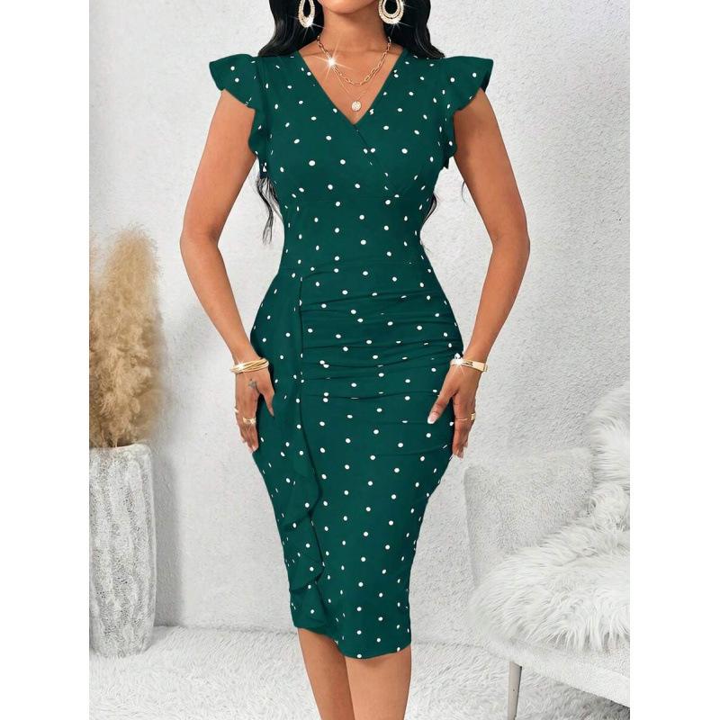 European summer new polka dot elegant temperament V-neck sleeveless ruffle edge short dress women S темно-зеленого