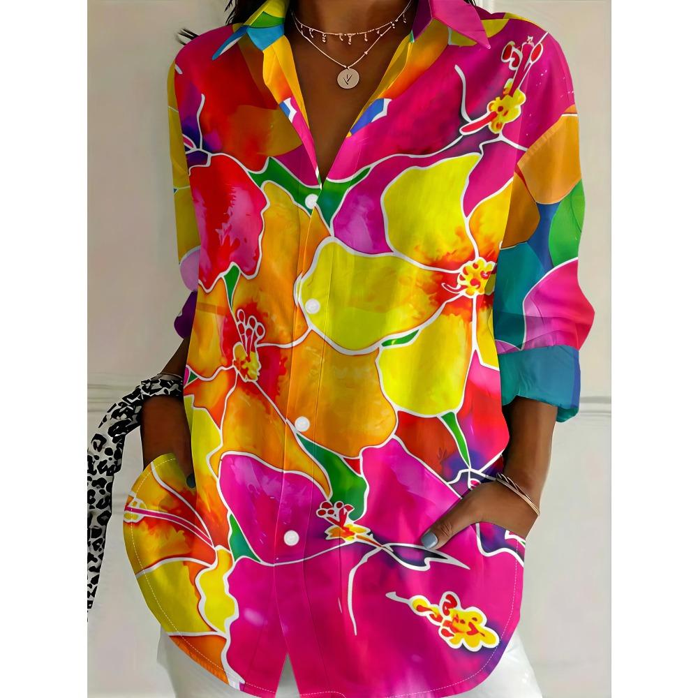 New Fashion Women's Casual Long Sleeve Shirt Multi-colored Flowers Bright Blossom Vibrant Printing