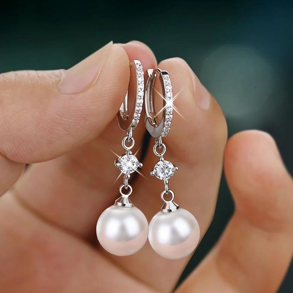 Huitan Gorgeous Blue Cubic Zirconia Imitation Pearl Earrings Women for Engagement Wedding Party Temperament Elegant Ear