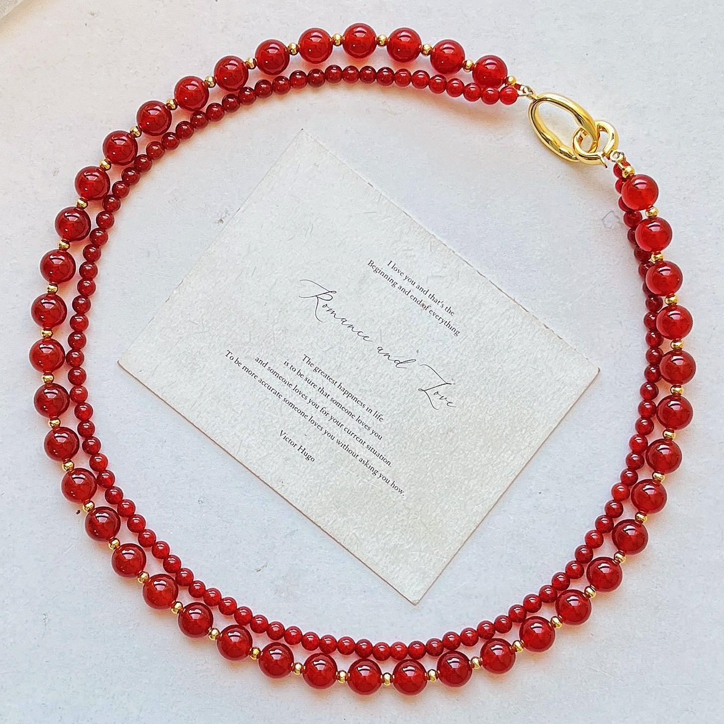 

Vintage High Quality 7A Pigeon Blood Red Chalcedony Double Layer Design Sense Sweater Chain Necklace Collarbone Chain Female
