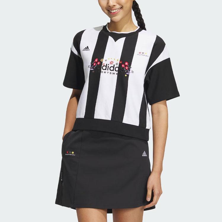 Adidas X Shuting Qiu Co-Branded Sweatshirt mit floraler Stickerei, kurzen Ärmeln, Damen-Tops, Schwarz IM8445