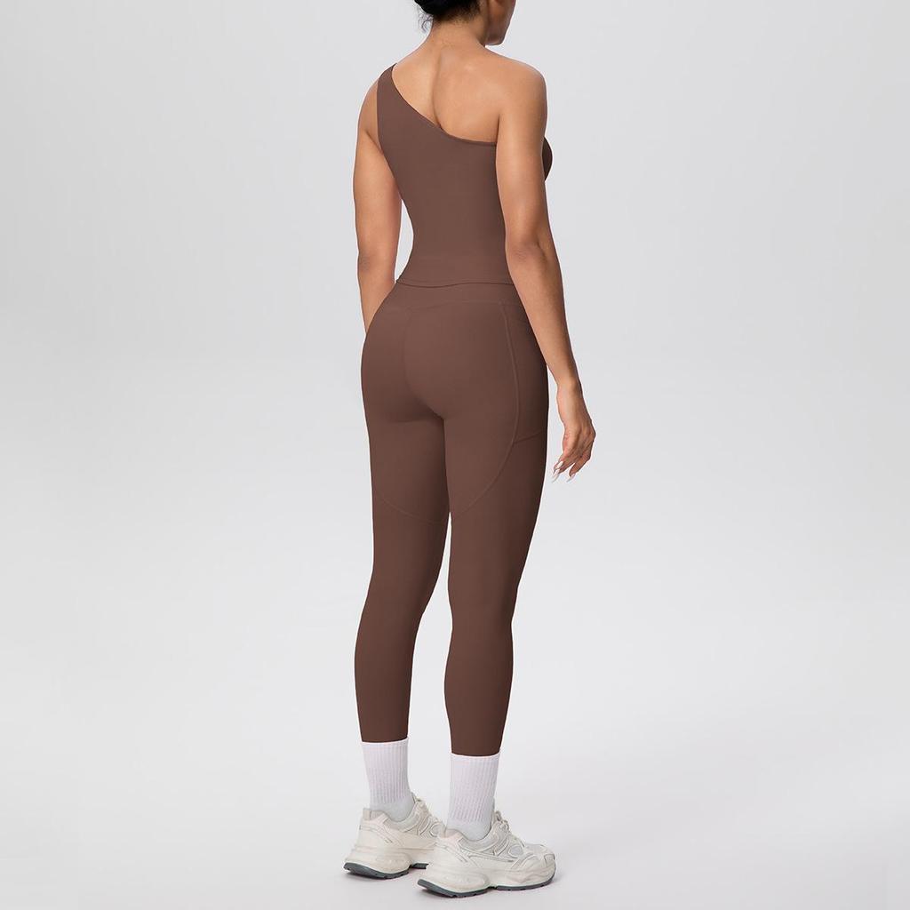 European & American Solid Color One-Shoulder Sports Vest & High-Waisted Pocket Yoga Pants Fitness Set for Women