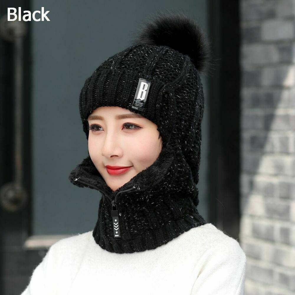 Hochwertiger Winter Siamese Schal Kragen Wolle Gestrickte Mütze Beanie Kappen Mütze Skifahren Reiten Bommel Mütze Plüsch Fleece Ohrenmütze(6 Farben)