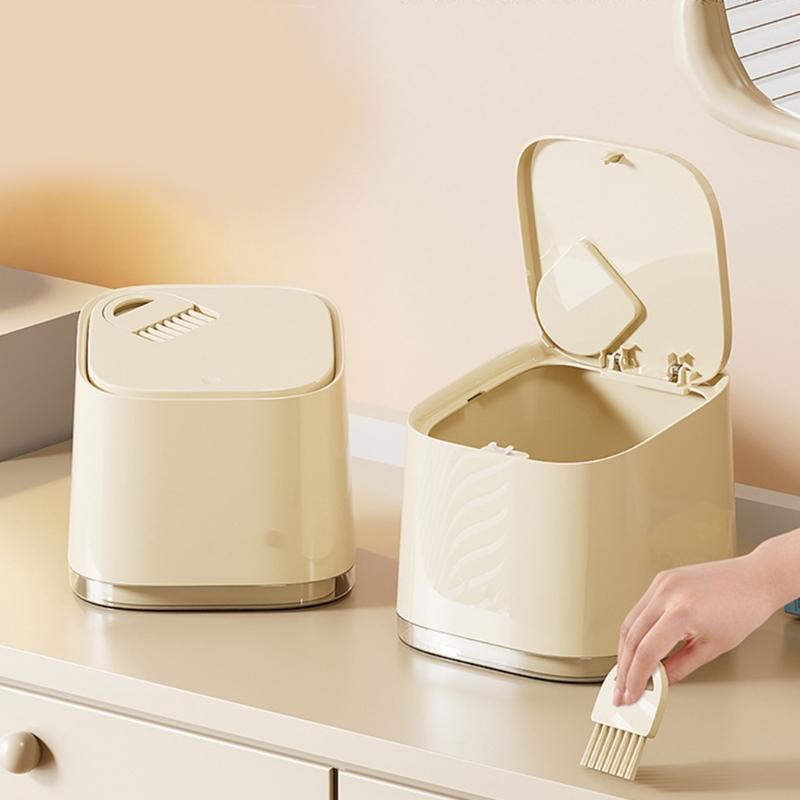 Small Wastebasket With Push Button Opening Modern Cream White Trash Bin Garbage Can For Home Office Desk Shelf Use