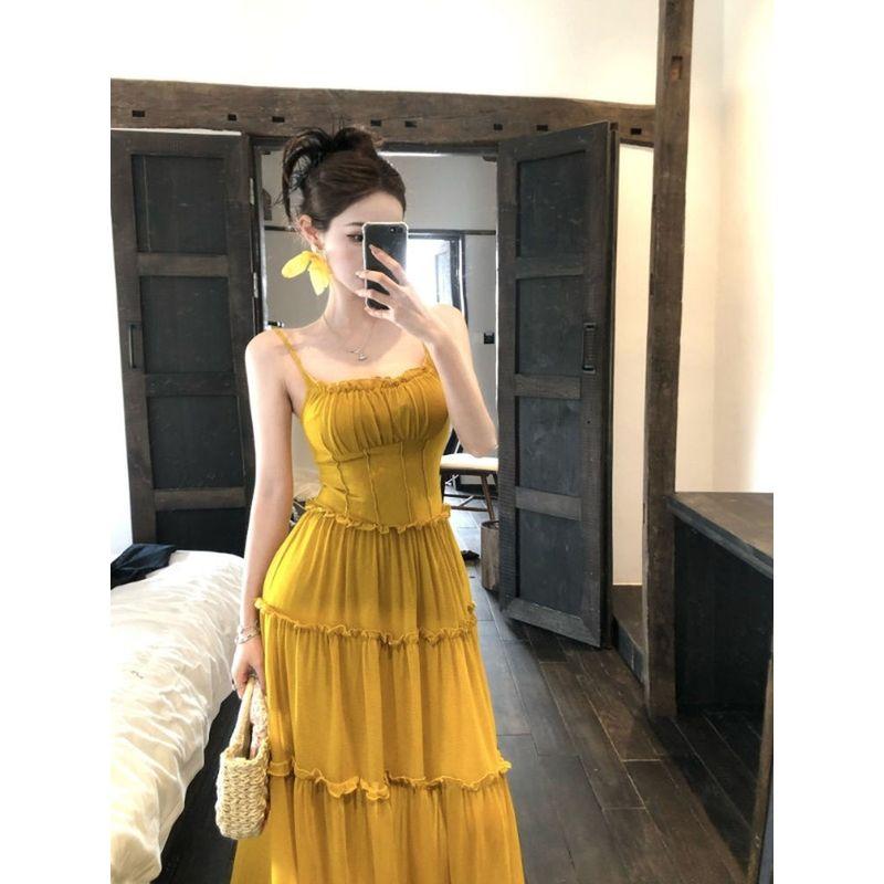 Kumikumi Design Sense Mesh Patchwork Sling Dress Women Summer Seaside Holiday Style High Waist Slimming Long dress