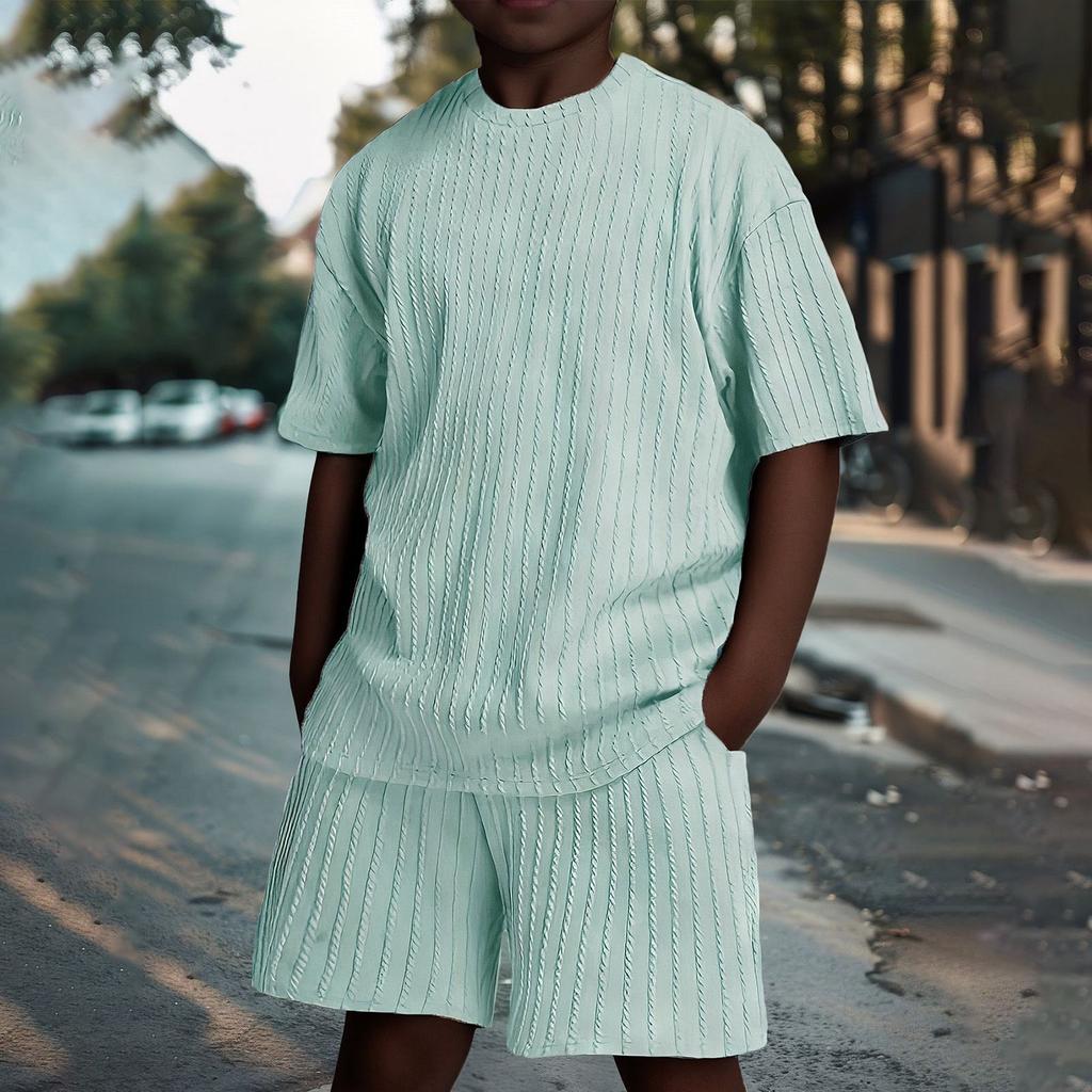 Children's 2 Piece Outfits Short Sleeve Crewneck Summer T Shirt And Drawstring Casual Track Shorts Set