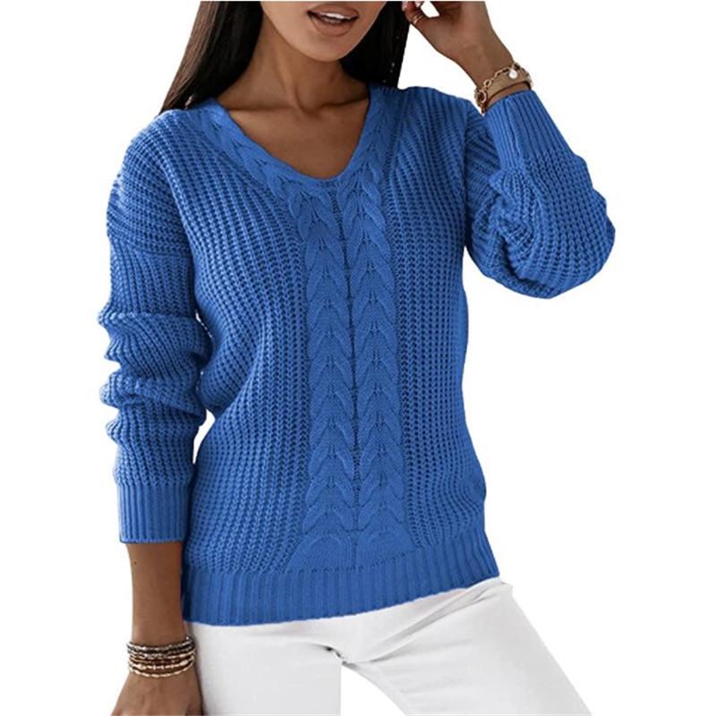 European & American Women's V-Neck Cable Knit Sweater - Long Sleeve Solid Color Casual Pullover Top