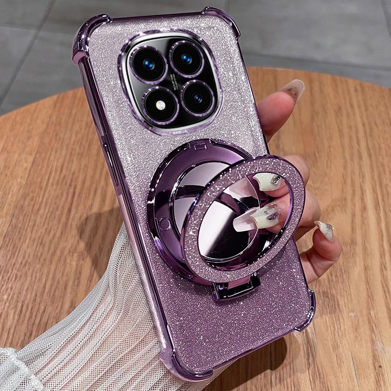 Glitter Shockproof Silicone Case For Xiaomi Redmi 14C Note 14 Pro Plus 4G 5G Note 14S Mirror Magnetic Holder Stand Soft Cover