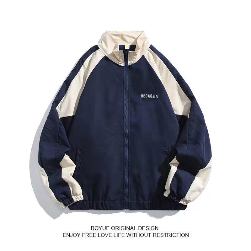 

Мужская куртка в стиле ретро с контрастной строчкой, воротником-стойкой, модная, свободного кроя, в университетском стиле для весны и осени 2XL темно-синий