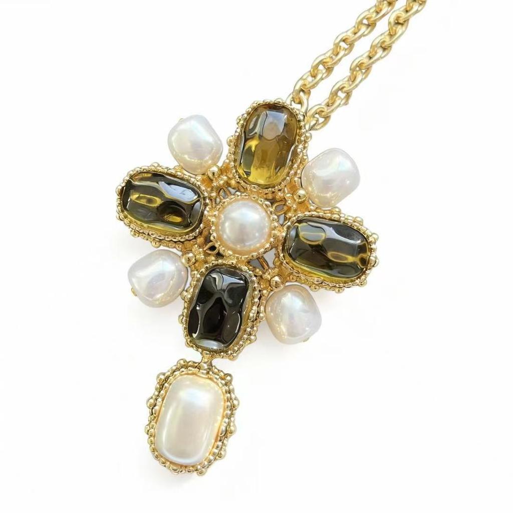 Vintage Gold Cross Pearl Brooch & Necklace - Dual-Use Accessory for Sweaters, Coats, and Suits.