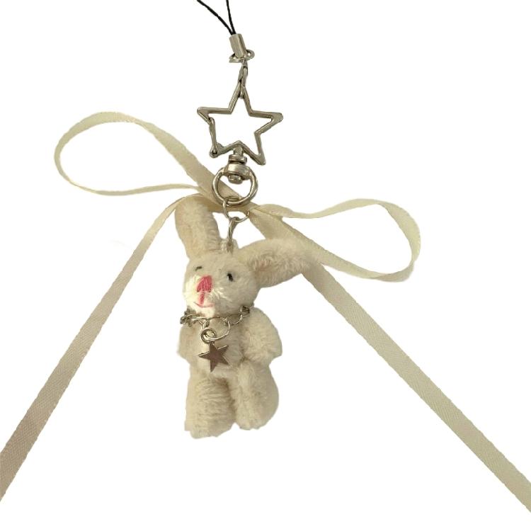 

Lovely Rabbits Toy Charm Sturdy Alloy and Acrylics Plush Keychain Pendant with Bowknot for Women Phones Decoration бежевий