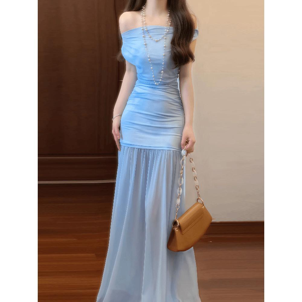 

Пляжный отдых синее размытое цветочное платье на плечо нишевое без столкновений талия бедра юбка лето XL- (recommended 110-60kg)