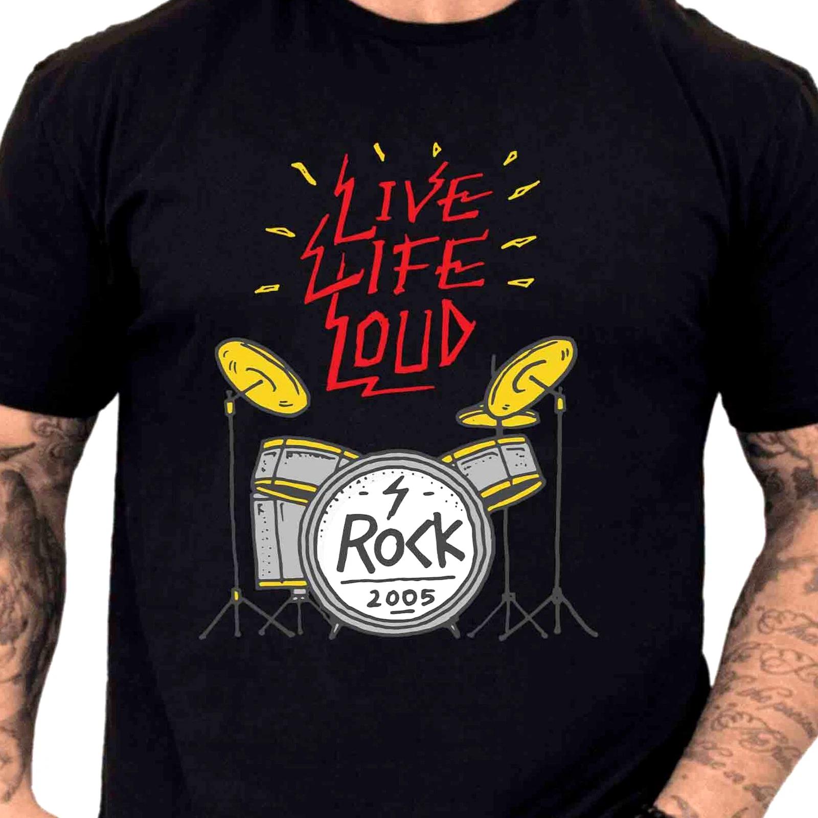 Rock Drum Kit Graphic T-Shirt Live Life Loud Drummer Music Tee Band Lover Gift XL