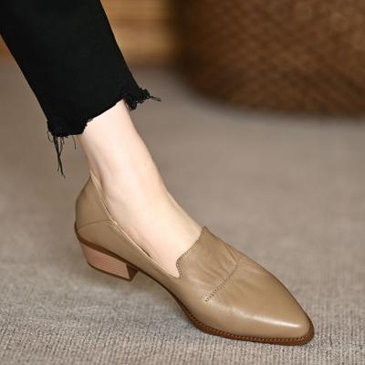 Pointed Single Shoes Women's New 2025 Spring French Medium Heel Soft One Pedal Lazy Soft Sole Medium Thick Heel Small Leather Shoes