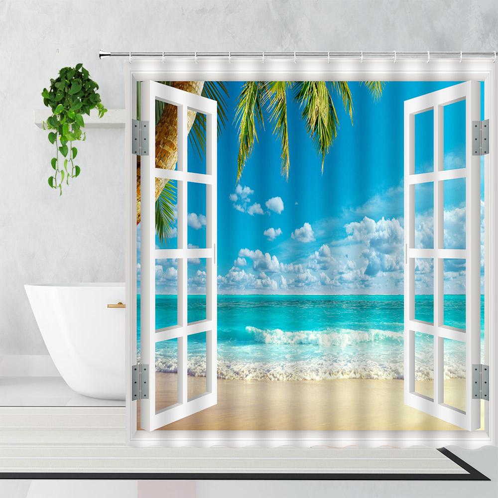 Palm Trees Beach Shower Curtains Sea Waves Island Vacation Hawaii Nature Scenery Summer Fabric Bathroom Decor Bath Curtain Hooks