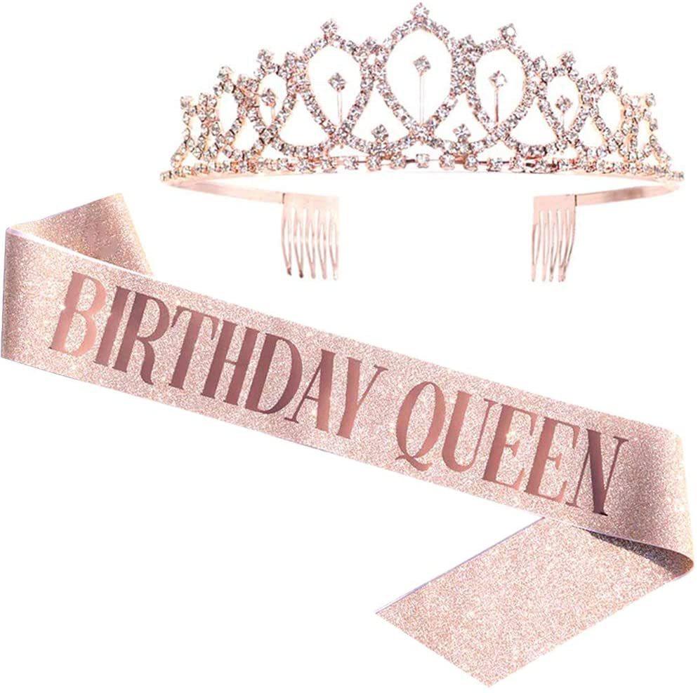 Birthday Sparkly Crown Girl Rhinestone Headband Belt Queen Etiquette with Birthday Decorating Party Supplies Estuche Alpicool
