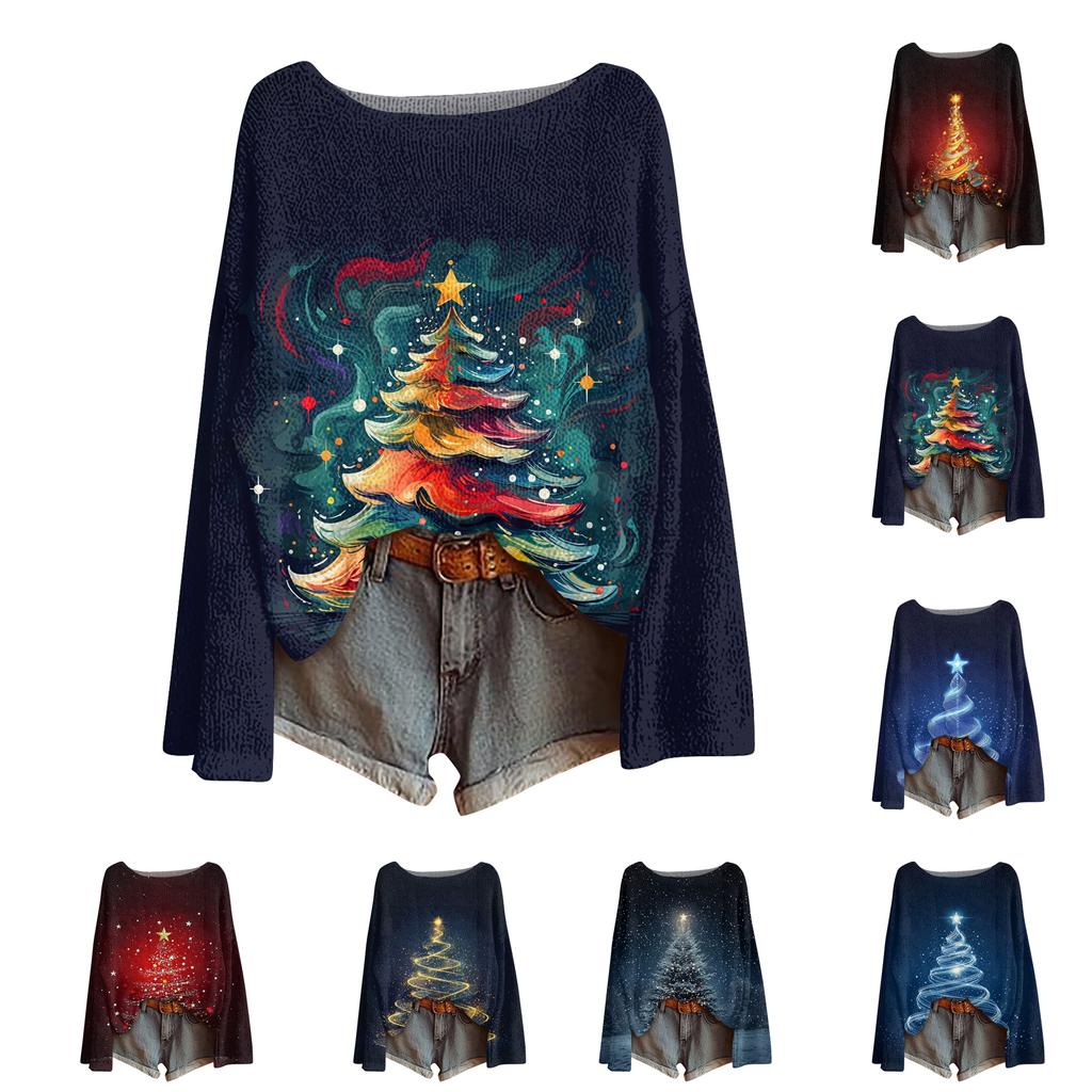 Ladies' Fashionable Casual Long Sleeved Christmas Printed Round Neck Knitted Yarn