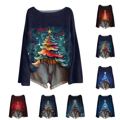Ladies' Fashionable Casual Long Sleeved Christmas Printed Round Neck Knitted Yarn