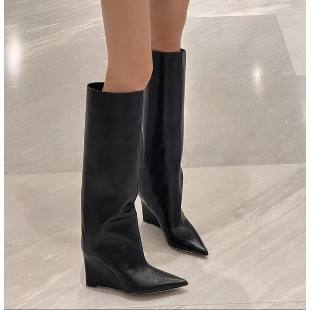 Fashion Designer Autumn Winter Cosy Pointed Toe Woman Knee-High Boots Slip-On Low Thin Heels Cowboy Ladies Shoes Botas De Mujer