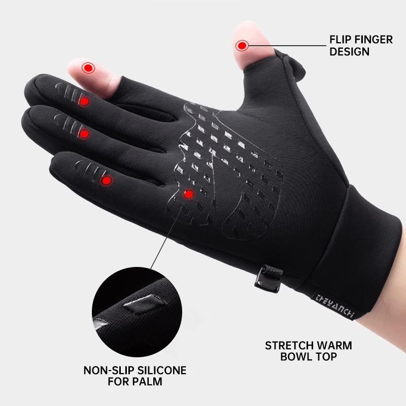 Winter Outdoor Warm Gloves Bicycle Gloves Flip Exposed Two-finger Zipper Touch Screen Gloves Windproof Ski Fishing Gloves
