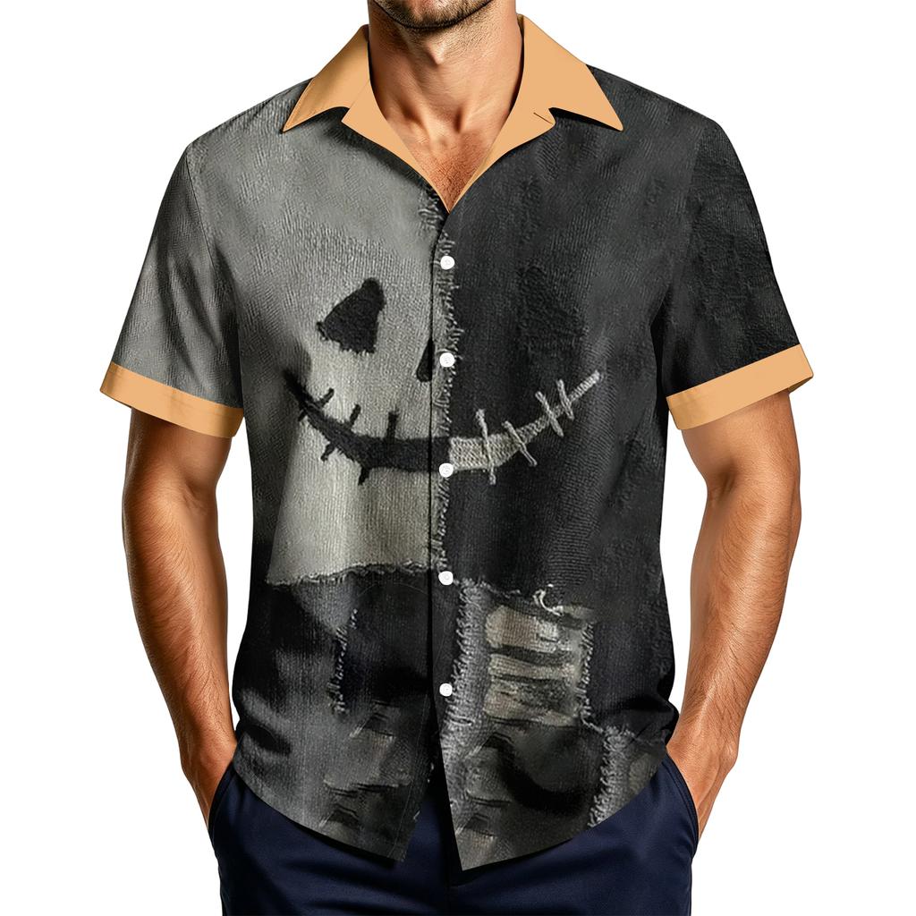 Men's Casual Short Sleeve Halloween Print Shirt for Holiday Party Wear