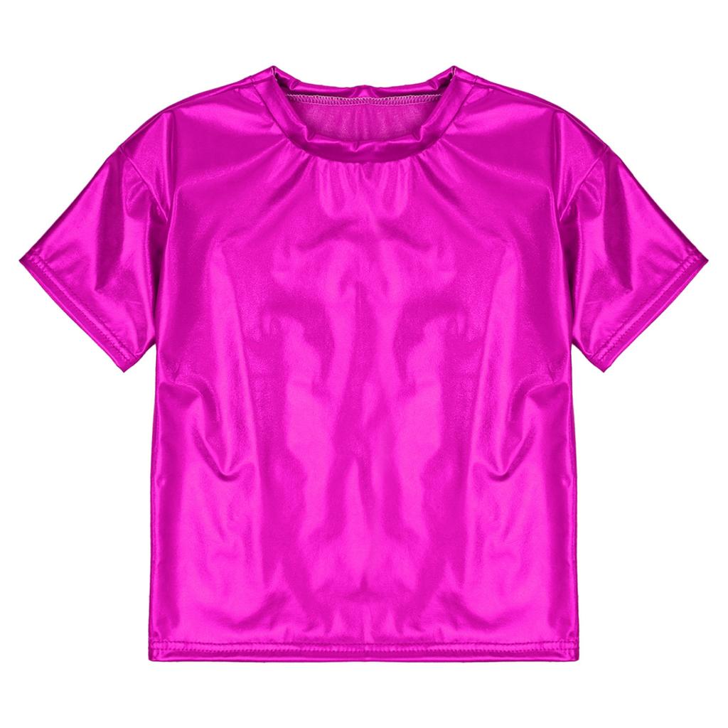 Kids Girls Boys Sparkling Short Sleeve Tops Fashion Round Neck T-shirt Dance Performance Costume