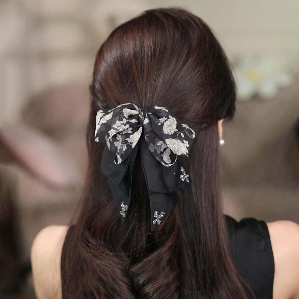 Elegante Schwarze Schleife Hai-Klammer Französischer Stil Damen Pailletten Haarklammern Glänzende Strass Haarspange Weiblich