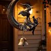 Unique Holiday Porch Decorations Halloween Witch And Black Cat Moon Wind Chime, Vintage on Crescent Metal Hanging Bell Decor Bell, Gothic Ornament for