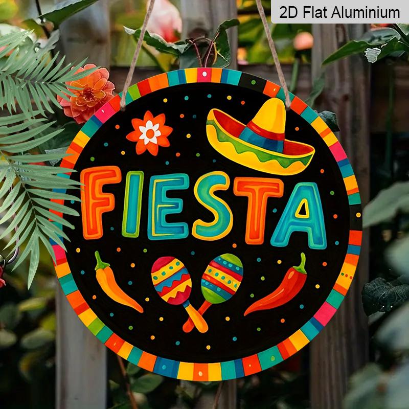 2D Flat, 1pc Round Fiesta Aluminum Hanging Sign, Colorful Mexican Sombrero Maraca Chili Pepper Design, Vibrant Cinco De Mayo Metal Wall Decor