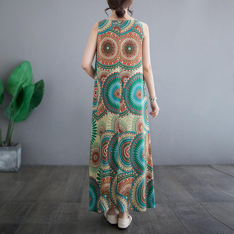 Summer Retro Loose Cotton Linen Printed Round Neck Sleeveless Vest Mid Length Dress for Women Casual Dresses
