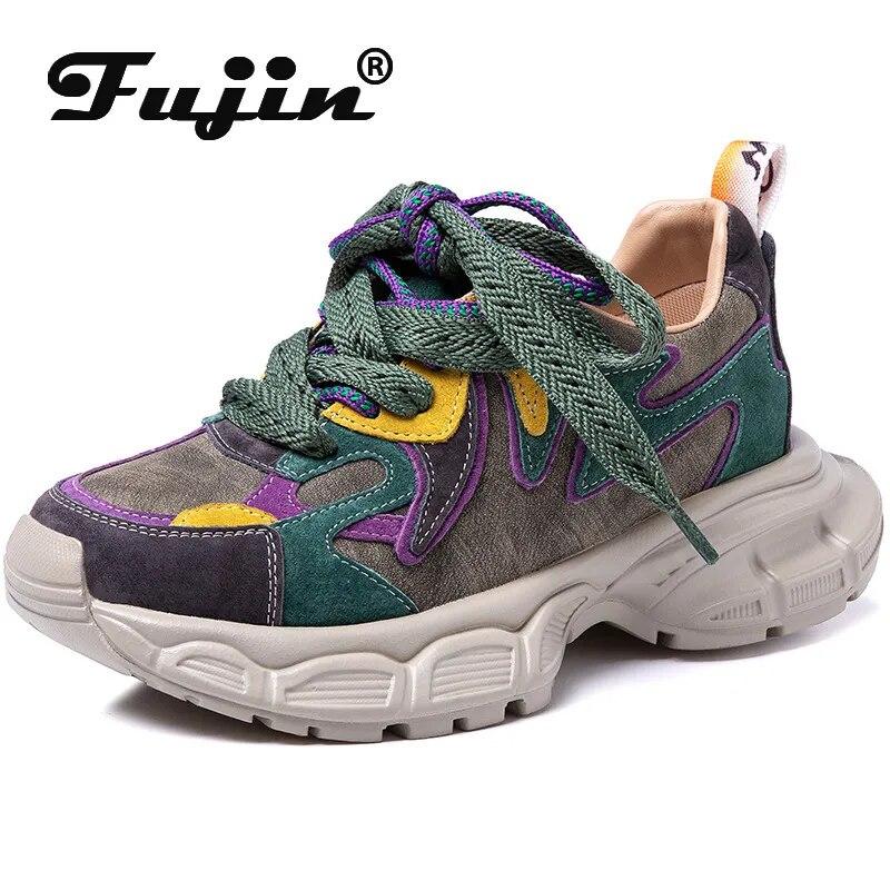 

Fujin 4,5 см, женские модные повседневные осенние кожаные кроссовки на платформе, удобные роскошные весенние кроссовки на танкетке, дизайнерская обувь