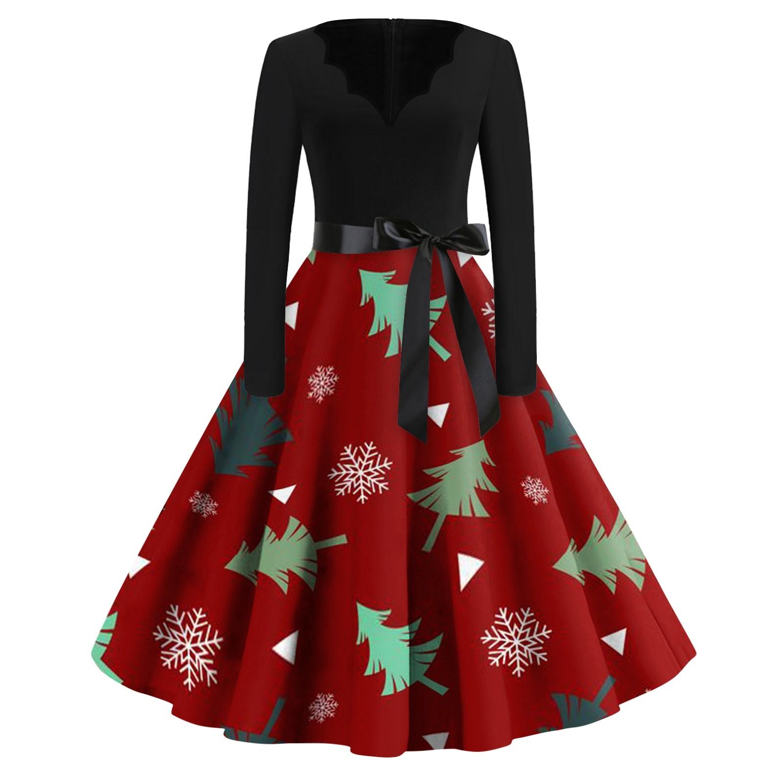 

Женское повседневное модное длинное платье с V-образным вырезом и длинным рукавом с рождественским принтом в винтажном стиле XL горячий розовый