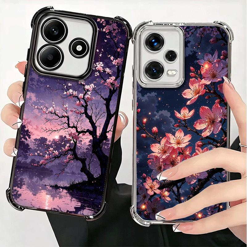 Dreamy Night Cherry Blossom Tree Plating Phone Case For Xiaomi Redmi Note 14 15 Pro Plus 13 12 11 11S 11T 10 9S 9 5G Anti-Fall A