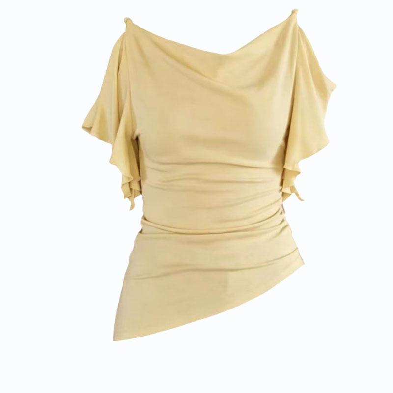 Pure design swinging collar off-shoulder ruffle edge light purple T-shirt women's summer French irregular hem top