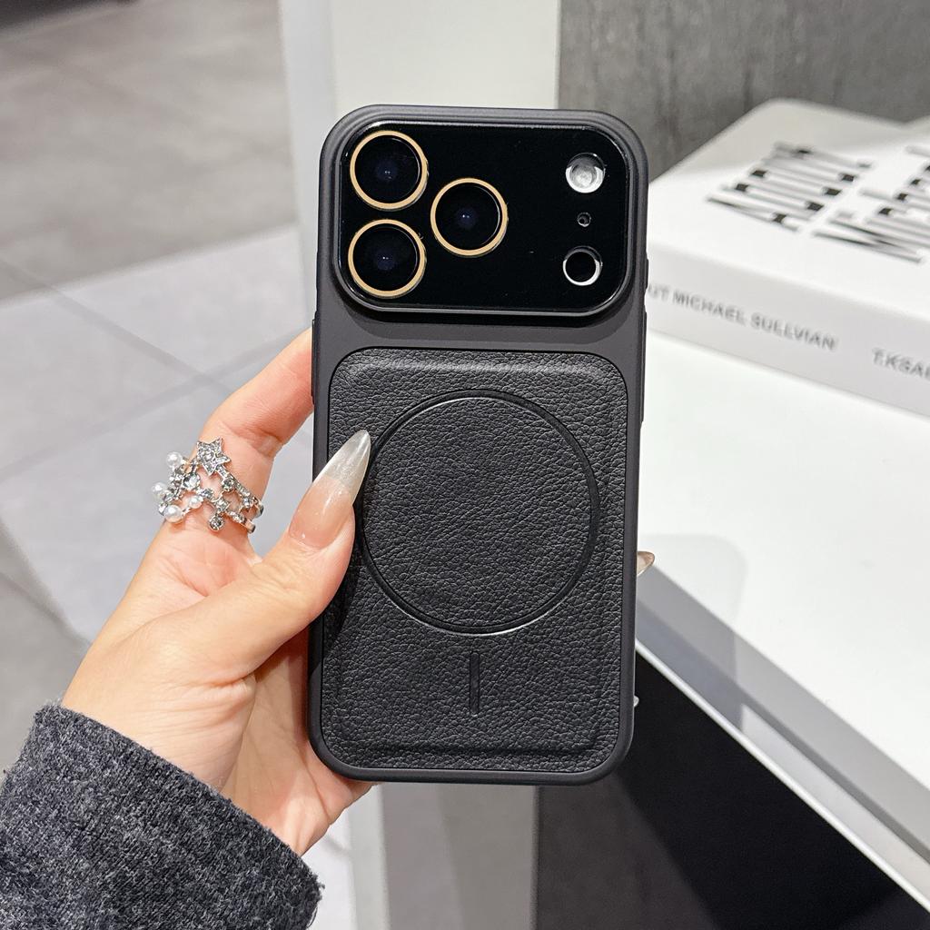 Matte Leder Magnetische Kabellose Lade Handyhülle Für iPhone 13 14 15 16 17 Pro Max Glaslinse Großes Fenster Schutzhülle