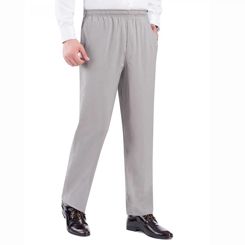 Men s Summer Thin Imitation Silk Casual Pants, Elastic High Waist Loose Long Trousers, Breathable Crinkle Pattern Pants For Middle-Aged & Elderly 4XL бежевый